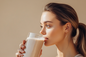 A_fit_woman_in_her_30s_holding_a_glass_of_creamy