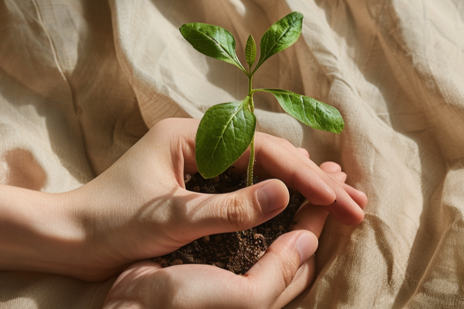 Two_hands_gently_holding_a_small_green_plant_grow